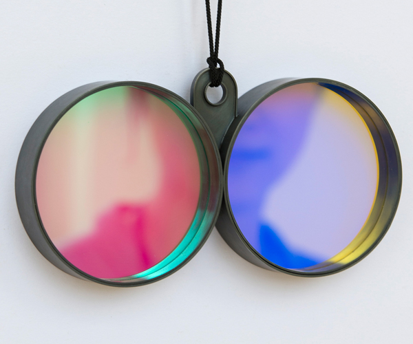 Jiro Kamata, BI, 2013, pendant, dichroic mirror, silver, nylon string, 6.5 x 6.5