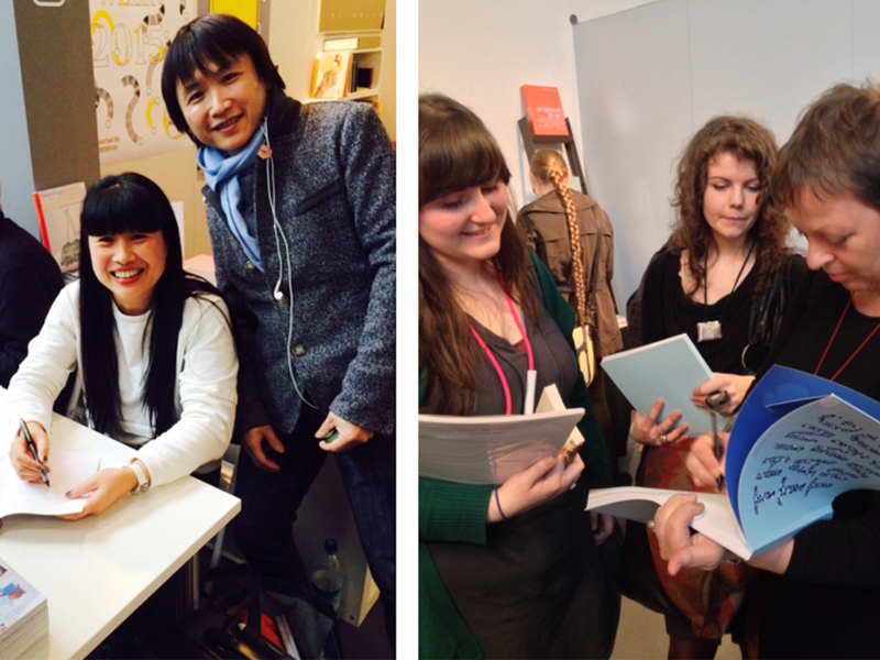 Book-signing session with Lin Cheung (left, 2015) and Jorunn Veiteberg (right, 2014), Chrome Yellow booth, Frame, International Handwerksmesse, Munich, photo: Chrome Yellow Books