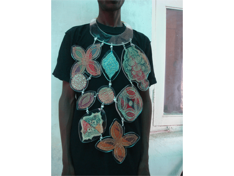 Little Shilpa, Untitled, from AW08, necklace, Plexiglas, silk brocade, photo courtesy of the artist Little Shilpa, Untitled