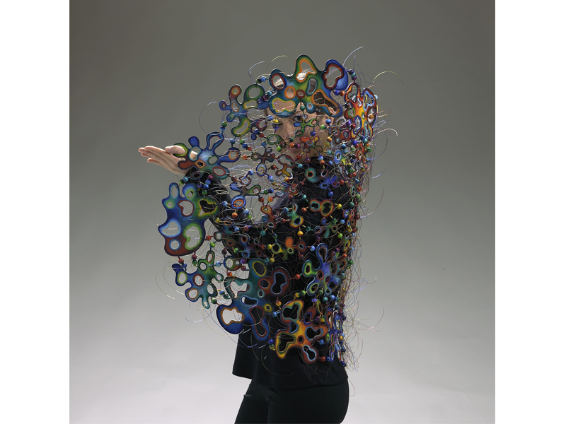 Marjorie Schick, Veil of Dreams, 2011, body sculpture, wood, dyed monofilament, aluminum coils, paint, 762 x 864 x 24 mm, photo: Gary Pollmiller