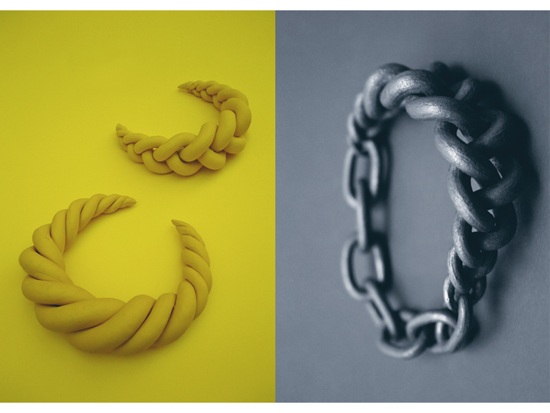 Sophie Hanagarth, (left) plastiline study for Braids and Croissant bracelets and (right) Irons, 2009, bracelet, forged iron, 90 x 25 mm, photo: artist