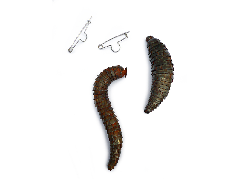 Sophie Hanagarth, Vermines, 1999, fibula, tin, stainless steel, 100 mm x 12 mm diameter and 70 mm x 5–20 mm diameter, photo: artist Sophie Hanagarth, Vermines, 1999, fibula, tin, stainless steel, 100 mm x 12 mm diameter and 70 mm x 5–20 mm diameter, photo: artist