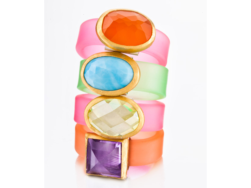 Orly Wexler, Colored Silicon Rings, 2012, colored silicone, semi-precious stones, 24-karat gold, sterling silver, each 22 x 25 x 8 mm, photo: Dan Peretz