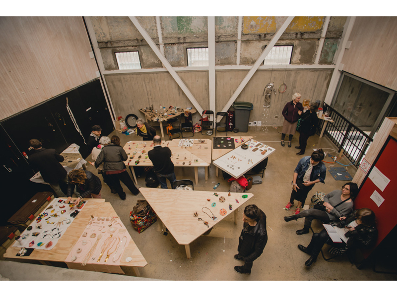 Overview of the workshop areas, En Construcción II symposium, 2015, Cultural Center Valparaíso, photo: Lilian Peromarta