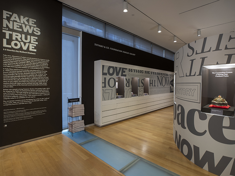 Exhibition view, Fake News and True Love: Fourteen Stories By Robert Baines, curated by Barbara Paris Gifford with the assistance of Sasha Nixon, 2019, Museum of Arts and Design, New York, photo: Jenna Bascom, courtesy the Museum of Arts and Design Exhibition view, Fake News and True Love: Fourteen Stories By Robert Baines