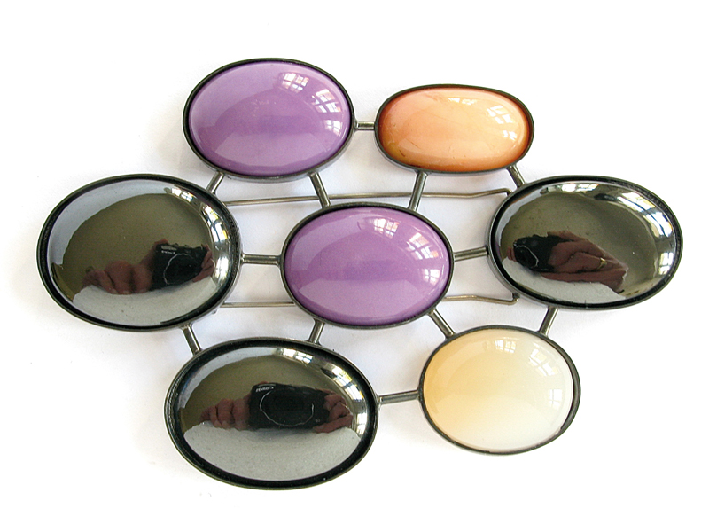 Georg Dobler, Untitled, 2013, brooch, oxidized silver, pyrite, yellow opals, colored agates, 120 x 100 x 5 mm, photo: artist
