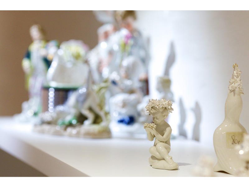 Exhibition view, Second Hand, First Hand: Caroline Broadhead & Maria Militsi, 2015, works in foreground: various figures with silver pendants by Maria Militsis, Marsden Woo Gallery, London, courtesy of Marsden Woo Gallery, photo: Philip Sayer 