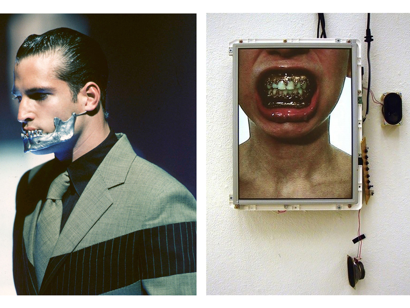 (left) Alexander McQueen, Untitled spring/summer collection of 1998, video still, image: firstVIEW; (right) Lauren Kalman, Hard Wear (Oral Rims), 2006, digital video, portable DVD player, 178 x 279.5 x 101.5 mm, photo: artist