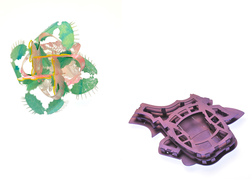 (left) Wen Miao-Yeh, Space Brooch, 2015, screen-printed plastic, copper paint, stainless steel, 80 x 70 x 75 mm; (right) Larah Nott, Walt Disney Concert Hall, from the Music Concert Hall series, 2014, brooch, titanium, 80 x 70 mm, photo: Johannes Kuhnen