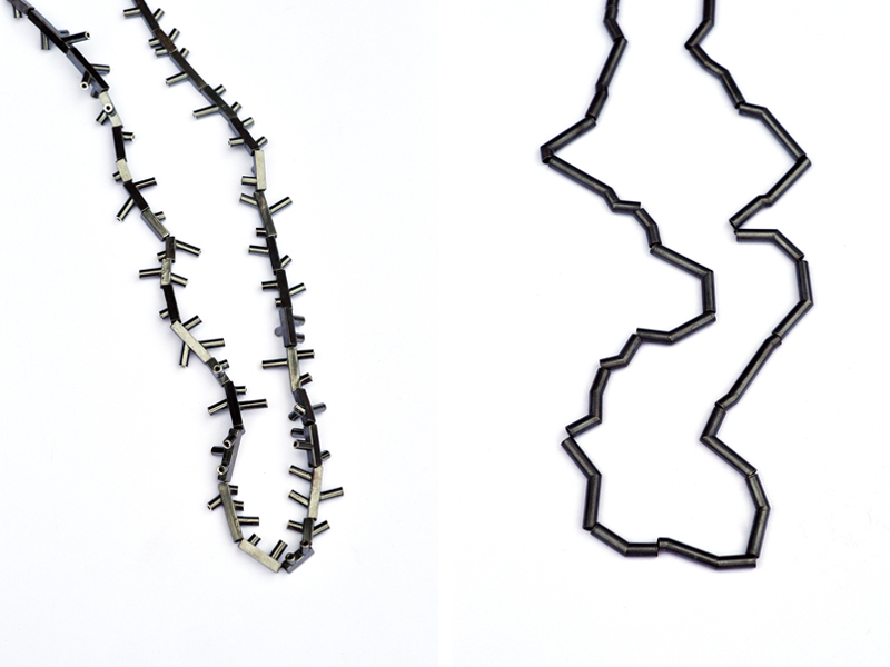 Frances Stachl, (left) Round on Square Necklace, 2015, necklace, oxidized fine and sterling silver, 280 x 18 mm; (right) Corner Beads, 2015, necklace, oxidized sterling silver, 350 x 10 mm, photo: The National