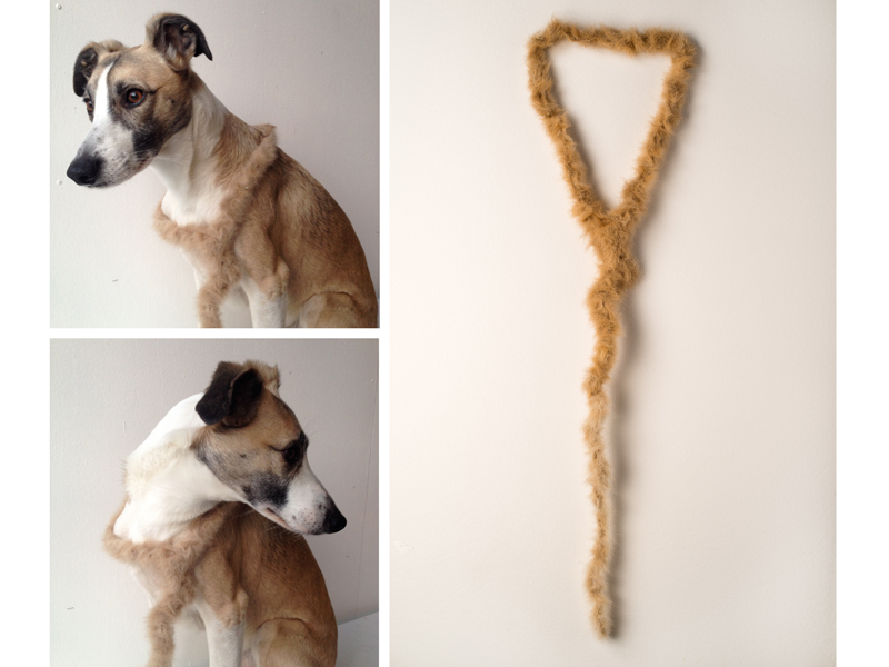 Amanda Åkermo, Sluggo, 2015, necklace, dog hair collected from two dogs attached with glue onto a textile string, 820 x 160 mm, photo: artist (left) and Lars Bryngelsson (right)
