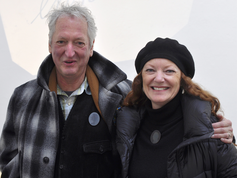 Mike Holmes, curator and manager of Velvet da Vinci, and Jo Bloxham, curator and collector, wearing etched steel brooches by Tore Svensson, at the exhibition Everyday Epics, Kunstpavillion, photo: Sanna Svedestedt Carboo