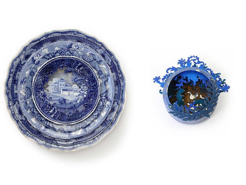 (left) Caroline Slotte, Round Piece, from the Landscape Multiple series, 2012, reworked second-hand ceramics, 245 mm in diameter; Anna Talbot, Blue Wolf, 2012 brooch, old box, anodized aluminum, brass, wood veneer, steel, 80 x 80 x 20 mm, private collection, photo: artists