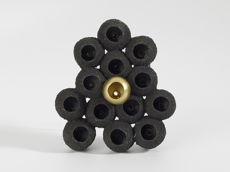 Jordi Aparicio, 2012, brooch, silver, powder silver, 18- and 24-karat gold, 13 black diamonds, 1 white diamond, stainless steel, springs plated, 53 g, 60 x 55 mm, photo: Jerzy Malinowski (G-M Studio), International Collection of Contemporary Jewellery from the Gallery of Art in Legnica Jordi Aparicio, 2012, brooch, silver, powder silver, 18- and 24-karat gold, 13 black diamonds, 1 white diamond, stainless steel,