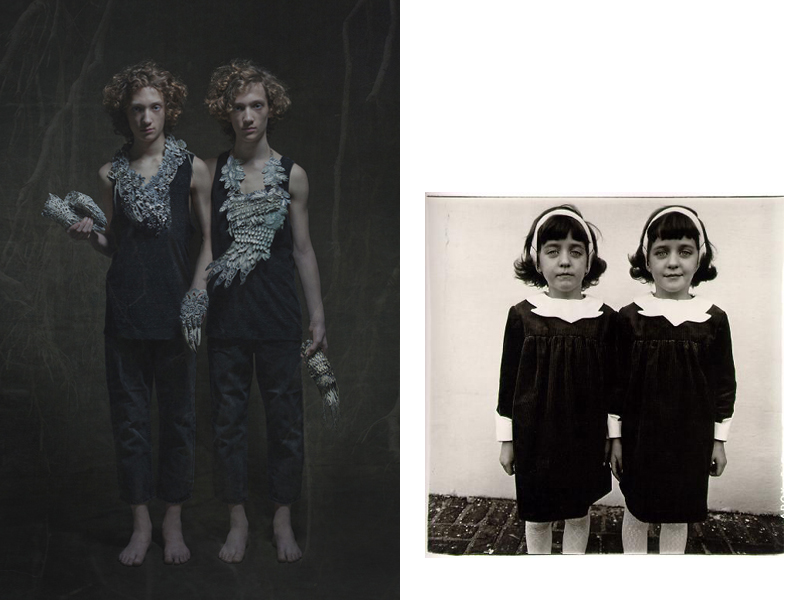 (left) Hanna Hedman and Sanna Lindberg, image from the publication Murmuring, 2016, photo: Sanna Lindberg; (right) Diane Arbus, Identical Twins, 1967, Roselle, New Jersey