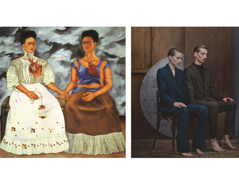 (left) Frida Kahlo, The Two Fridas, 1939, 173.5 x 173 cm, Museum of Modern Art Mexico City, Mexico; (right) Julia Hetta, Gémeaux, fashion shoot for Numéro, November 2013