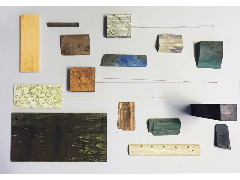 Nicolas Cheng, From Landscape to Timescape; Group Presentation, 2016, pendants and objects, mineral pigment, wood powder, density foam, natural silk, gold, silver, aluminum, copper leaf, dimensions variable, photo: artist 