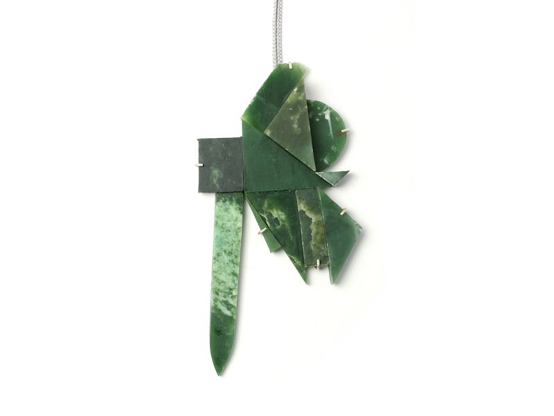 Lisa Walker, Pendant, 2016, pounamu (New Zealand jade), silver, thread, 180 x 100 x 5 mm, photo: artist