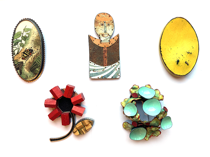 Bolder brooches with more color and volume. Work by (left to right, top to bottom) Roberta and David Williamson, Judith Hoyt, Br