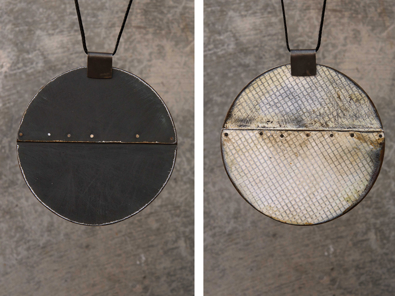 Becky Bliss, (left) Pendant: Found, 2016, reversible pendant, mild steel, paint, silver, 100 x 100 mm; (right) Pendant: Found, 2016, reversible pendant, mild steel, paint, silver, 100 x 100 mm, photo: Sandy Connon