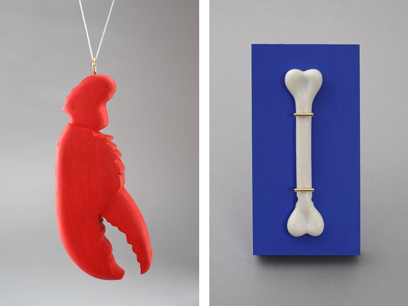 Kevin Hughes, (left) New England, 2010, pendant, painted wood, 150 x 60 x 25 mm; (right) Bone, 2012, brooch, 18-karat gold, painted wood, found object, 100 x 50 x 20 mm, photo: Karen Philippi