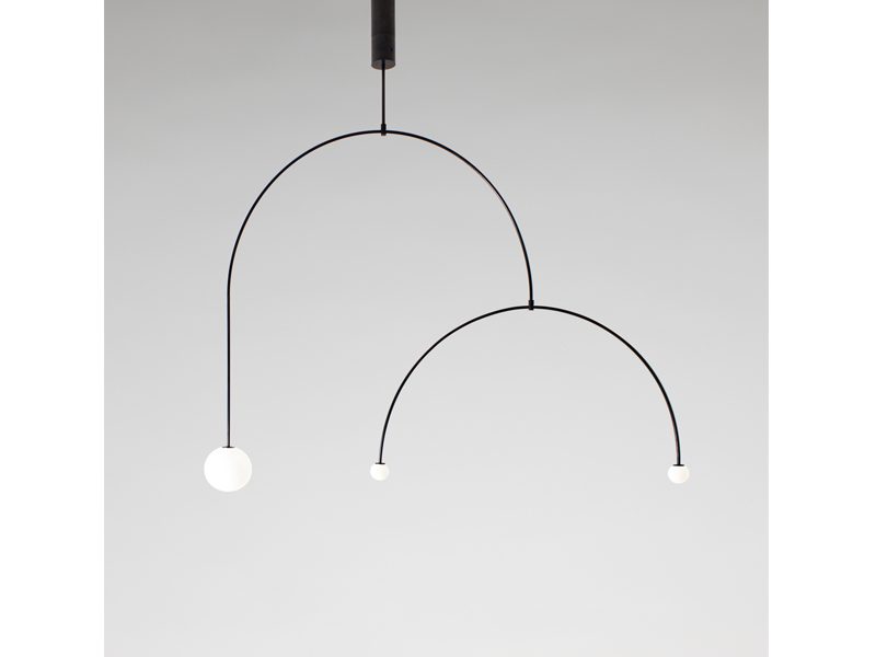 Michael Anastassiades, Mobile Chandelier 9, 2015, black patinated brass, mouthblown opaline sphere, 145.5 x 110.3 cm, photo courtesy the Cooper Hewitt