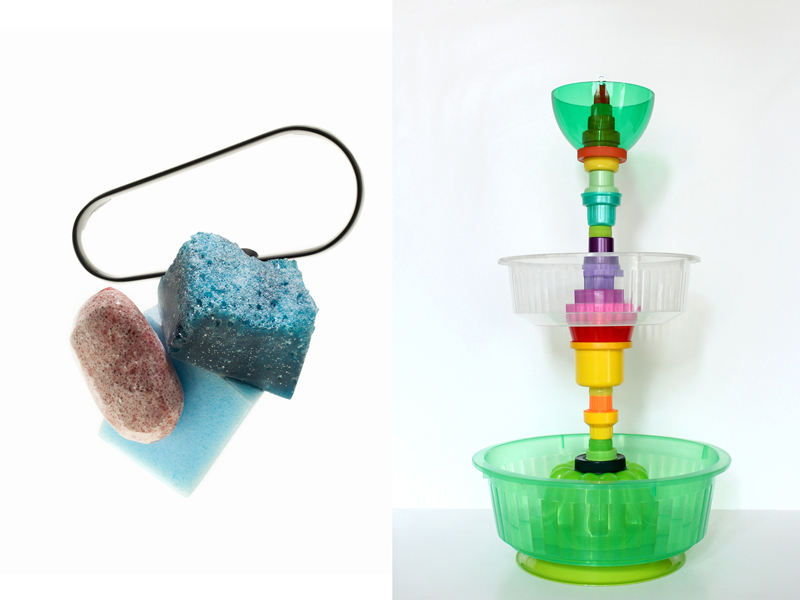 (left) Jantje Fleischhut, Brooch nº 8 from How Long Is Now collection, 2014, polyamide, Ytong aerated concrete block, sponge, resin, foam, 70 x 90 x 90 mm, photo: artist; (right) Brunno Jahara, fruit bowl from Multiplastica Domestica collection, 2012, plastic, aluminum, 60 x 35 cm diameter, photo: jahara studio
