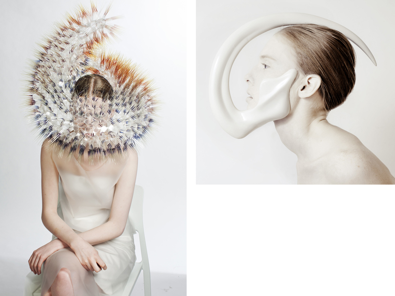 (left) Maiko Takeda, Atmospheric Reentry series, 2013–2014, acetate film, acrylic discs, rhodium-plated metal jump rings, plastic base, fabric-covered metal wire, dimensions variable, photo: Bryan Huynh; (right) Ana Rajcevic, wearable sculpture from ANIMAL: The Other Side of Evolution collection, 2012, fiberglass, polyurethane, rubber, 210 x 340 x 160 mm, photo: Fernando Lessa (left) Maiko Takeda, Atmospheric Reentry series, 2013–2014, acetate film, acrylic discs, rhodium-plated metal jump rings, plastic base, fabric-covered metal wire, dimensions variable, photo: Bryan Huynh; (right) Ana Rajcevic, wearable sculpture from ANIMAL: The Other Side of Evolution collection, 2012, fiberglass, polyurethane, rubber, 210 x 340 x 160 mm, photo: Fernando Lessa