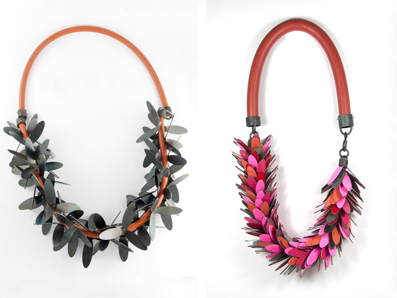 Maia Leppo, (left) Black Flower Lei, 2015, necklace, steel, silicone cord, 508 mm long; (right) Color Flower Lei with Thick Silicone Cord, 2015, necklace, steel, silicone cord, 508 mm long, 51 mm wide, photo: artist