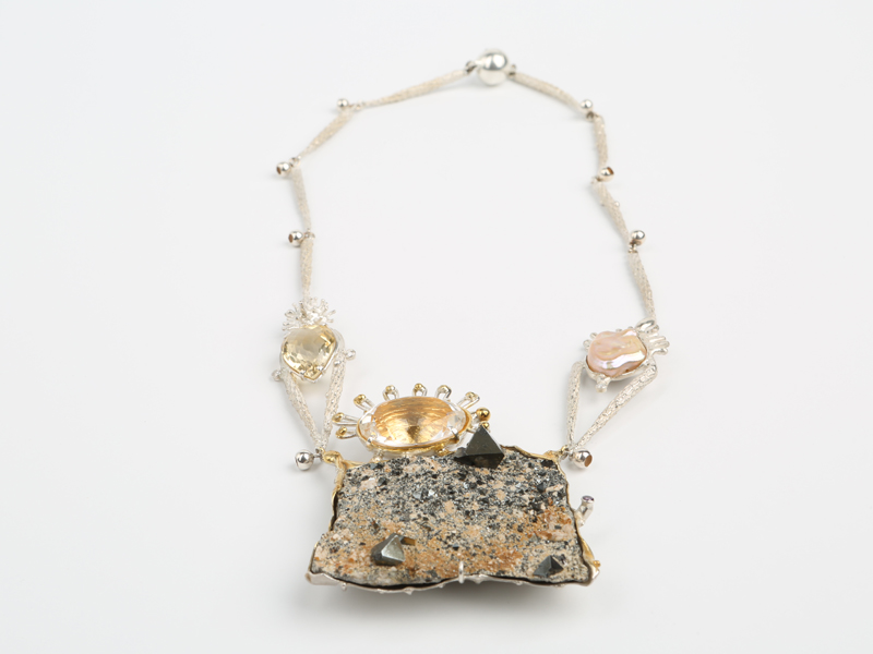 Māris Šustiņš, Untitled, 2016, necklace, sterling silver, 24-karat gilding, magnetite, rock crystal, citrine, pearl, 250 x 150 x 15 mm, photo: Art Gallery Putti