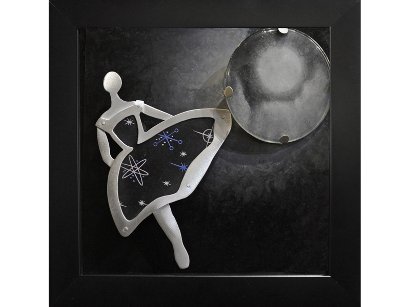 Kathleen Faulkner, Serious Moonlight, 2016, two brooches (Moon and Dancer) in shadow box, wood, glass, colored pencil, oil paste