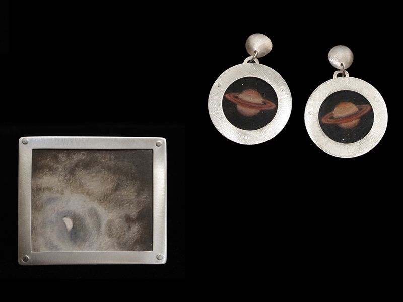Kathleen Faulkner, (left) Full Moon, Lunar Eclipse, 2015, brooch, sterling silver, colored pencil, paper, mica, 69.8 x 60.3 mm, 