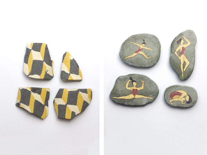 Vered Kaminski, (left) Untitled, 2015, brooches, cement, sand, pigment, stainless steel, 50 x 40 x 10 mm and 15 x 15 x 10 mm; (r