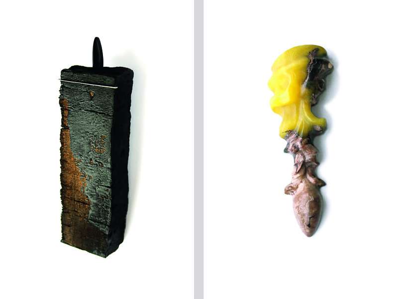 (left) Kadri Mälk, Black Obelisque, 2007, brooch, natural cork, paint, onyx, silver, height 110 mm, photo: Tanel Veenre; (right)