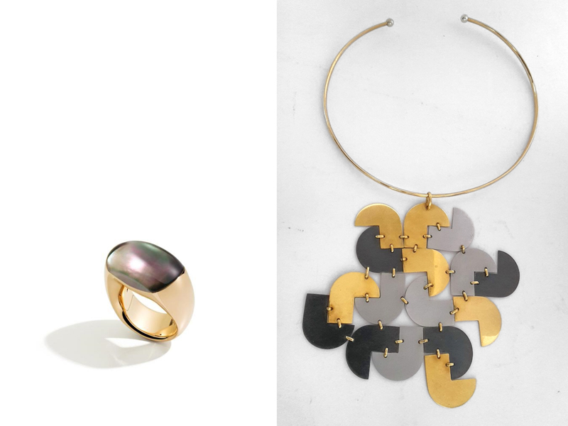 (Left) Vhernier, Bisquit, 2014, ring, gold, gray mother-of-pearl, rock crystal, 15 x 25 x 30 mm, photo: courtesy of Vhernier; (r