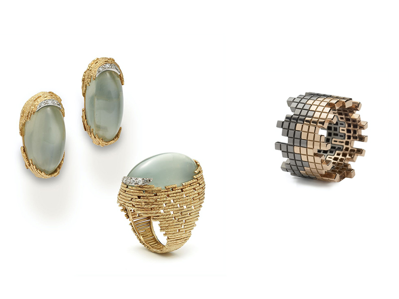 (Left) Andrew Grima, untitled, circa 1965, ring and ear clips, gold, moonstone, diamond, photo: courtesy of Grima, London; (righ