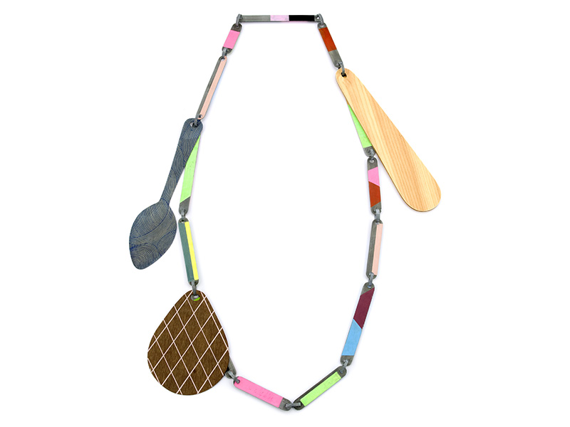 Lucy Sarneel, Food for Joy l, 2011, necklace, zinc, acrylic paint, varnish, plastic, Formica, marker pen, Collection CODA Museum Apeldoorn, the Netherlands, photo courtesy of CODA Museum Lucy Sarneel, Food for Joy l, 2011, necklace, zinc, acrylic paint, varnish, plastic, Formica, marker pen, Collection CODA Museum