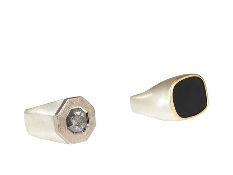 April Higashi, (left) Octagon Diamond Slice Ring, 2016, 18-karat palladium white gold, sterling silver, 1.39-carat gray diamond 