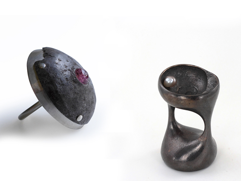 Marianne Anselin, Left( Plaisir n°2, 2016, ring, patinated iron, silver, pink tourmaline, 41 mm diameter; (right) Temps-got, 201