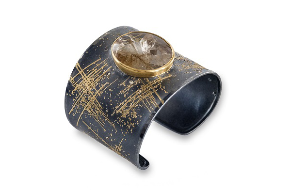Peter Schmid, Untitled, 2016, bracelet, oxidized sterling silver, 24-karat and 22-karat gold, Munsteiner-cut rutilated quartz, champagne-colored diamonds, 51 mm long, 59 mm inside diameter, photo: Dianne Stromberg