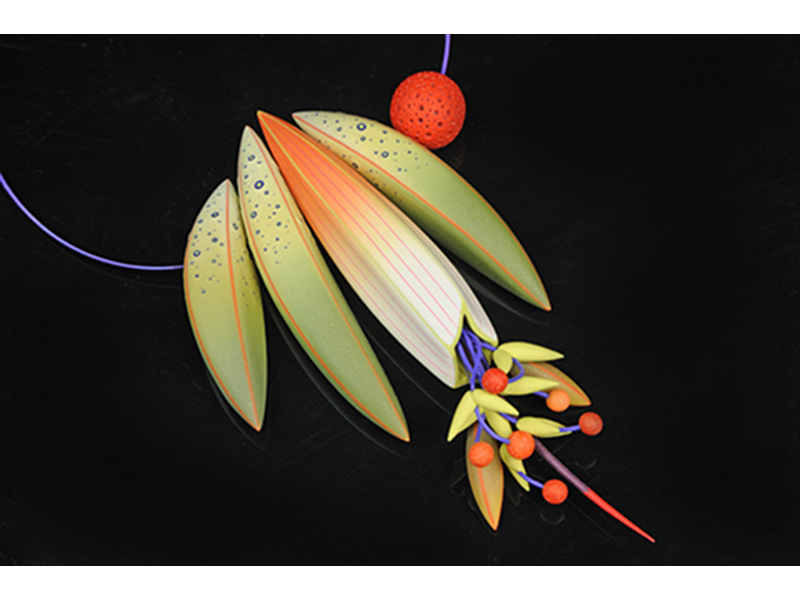 Jeffrey Lloyd Dever, 2011, Whispers of Eve, necklace, polymer clay, plastic-coated wire, anodized niobium cable, 292 x 140 x 38 mm, photo: Gregory R. Stanley