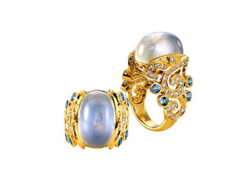 Paula Crevoshay, Ring with Moonstone Set in Gold Featuring Sapphires and Diamonds