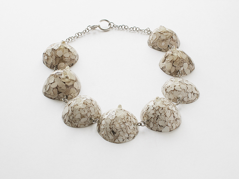 Alejandra Ferrer, Tetas, 2020, necklace, eggshell, resin, silver, 230 x 230 x 35 mm, photo: Pedro Sequeira