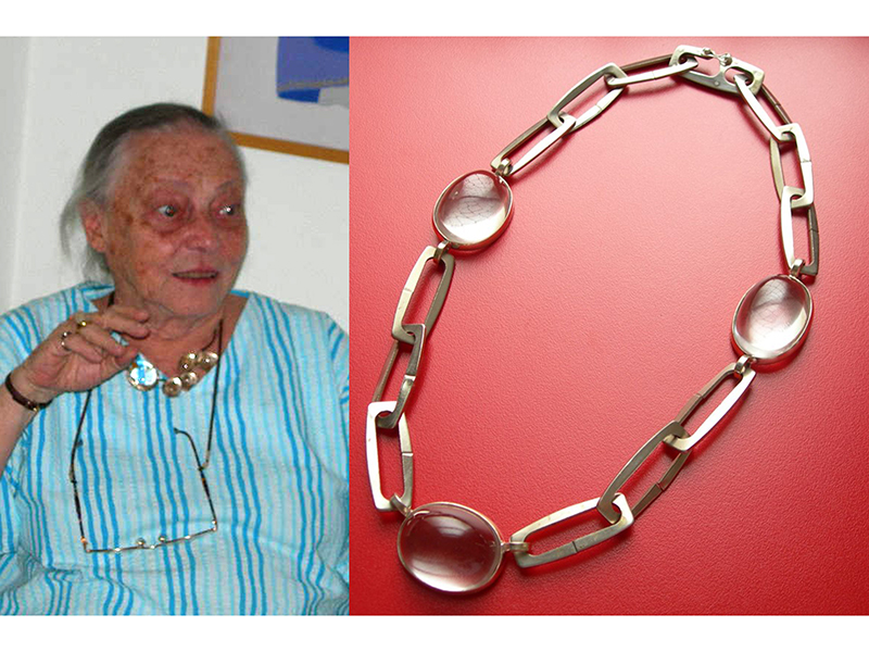 (Left) Renée Sasson at her gallery in 2005, (right) Renée Sasson, untitled necklace