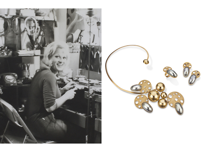 (Left) Reny Golcman in her studio in the 1970s, (right) Reny Golcman, Untitled (necklace, earrings, and ring)