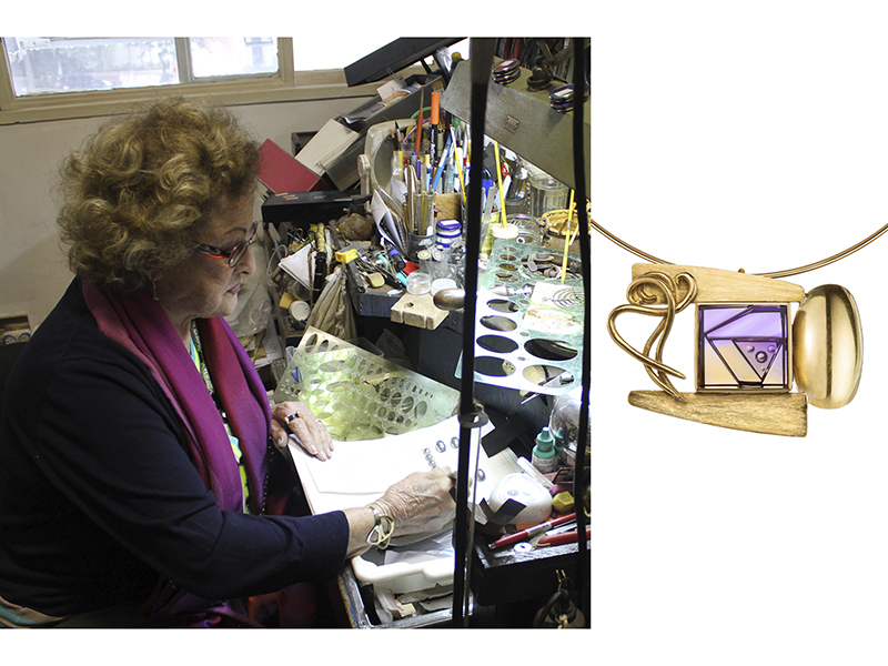 (Left) Reny Golcman in her studio in 2015, (right) Reny Golcman, untitled necklace