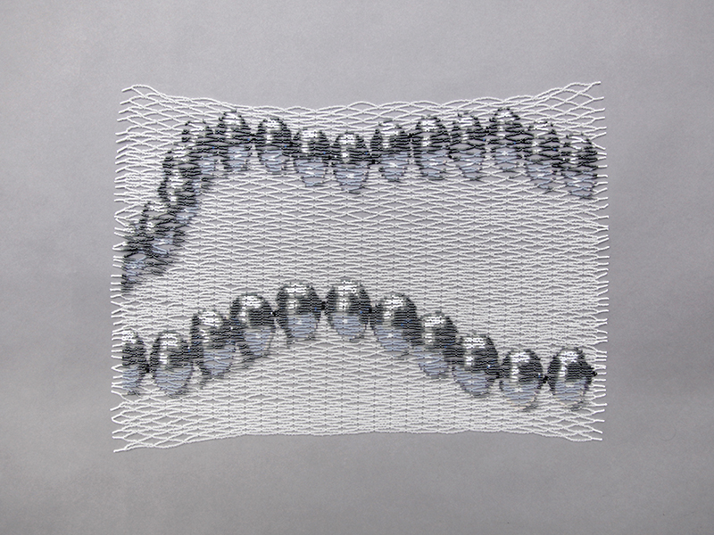 Caroline Broadhead, Extra Large Pearls, 2020, knitted scarf, glass beads, thread, 400 x 260 x 3 mm variable, photo: Jack Cole