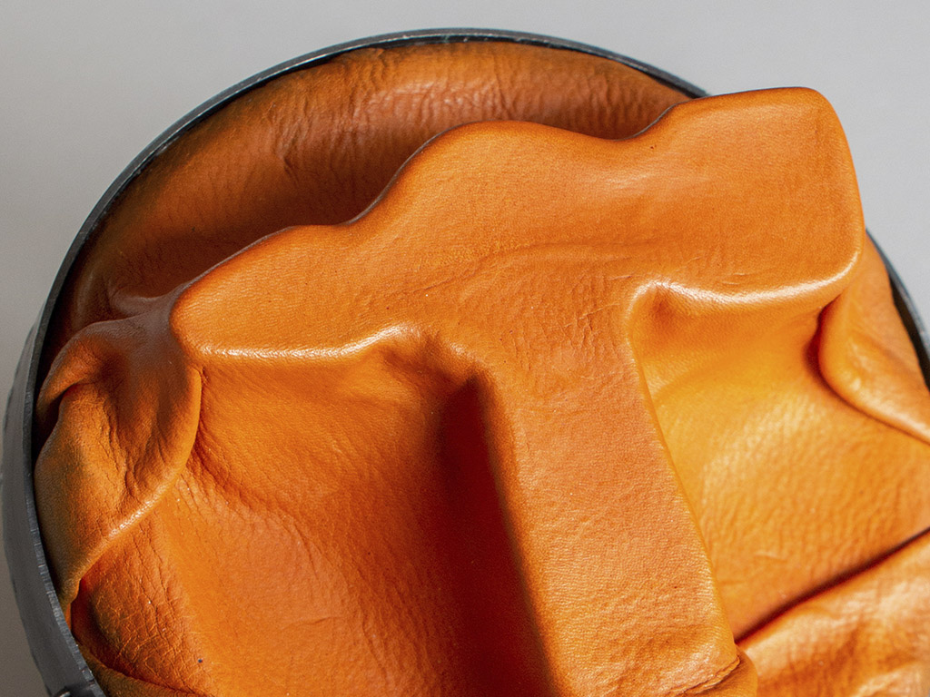 Teresa Alton Borgelin, Who I Am and Who You See (detail), 2021, brooch, leather, iron, silver, alcohol-based leather paint, stainless steel, 110 x 110 mm, photo: artist Teresa Alton Borgelin, Who I Am and Who You See