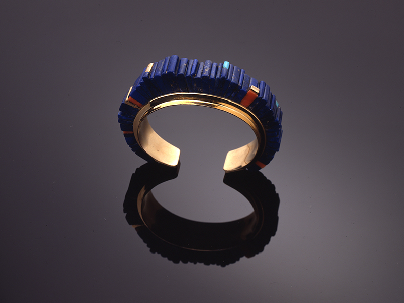 Charles Loloma, Hopi, 1921–1991, Bracelet, 1975, lapis lazuli, coral, turquoise, 14-karat gold, Heard Museum Collection