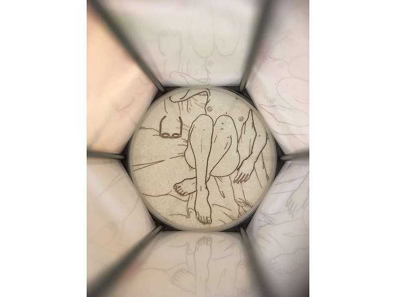 Melanie Bilenker, Laying (interior view), 2017, viewfinder necklace, hair on paper, mother-of-pearl, gold, silver, bronze, mineral crystal, gold-filled chain, 64 x 35 x 35 mm, 762-mm long chain, photo courtesy of Sienna Patti Melanie Bilenker, Laying (interior view), 2017, viewfinder necklace